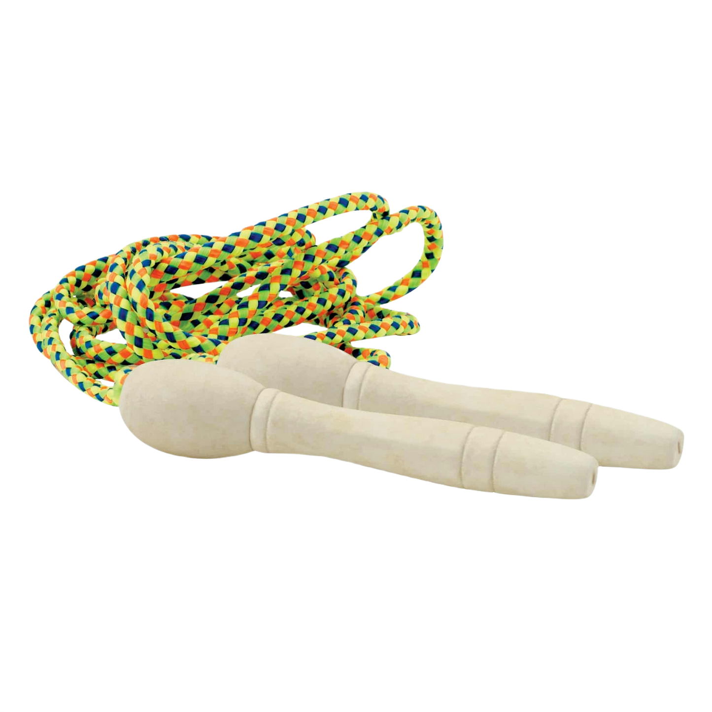 Jump rope with multicolored braided rope and smooth natural wood handles for fitness and active play activities