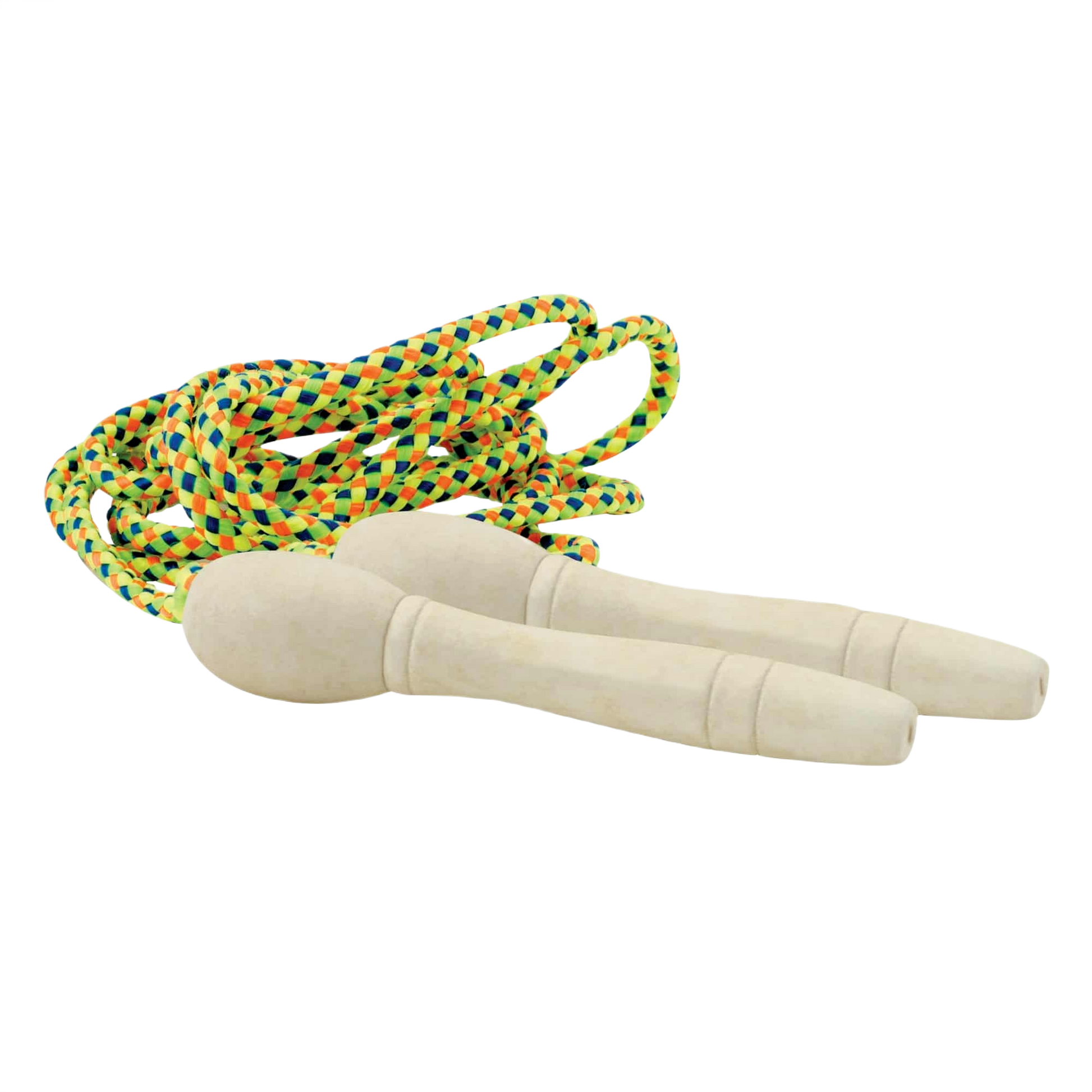Jump rope with multicolored braided rope and smooth natural wood handles for fitness and active play activities