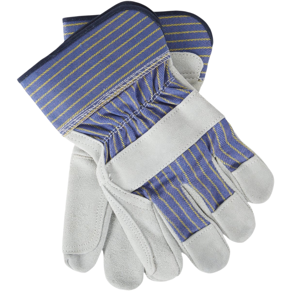 Pair of large leather palm work gloves with blue and yellow striped fabric backs in safety and hardware collections