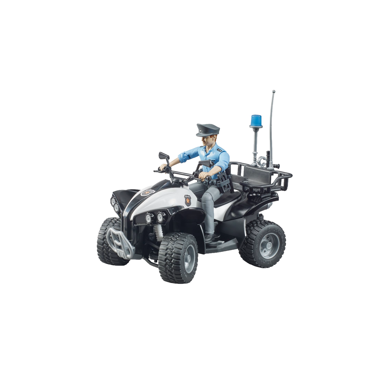 Black and silver police quad toy with light skin officer figure and realistic accessories from Bruder Toys collection