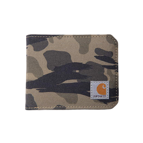 Camouflage bifold wallet made with durable nylon featuring a stitched logo patch in accessories and bags collection