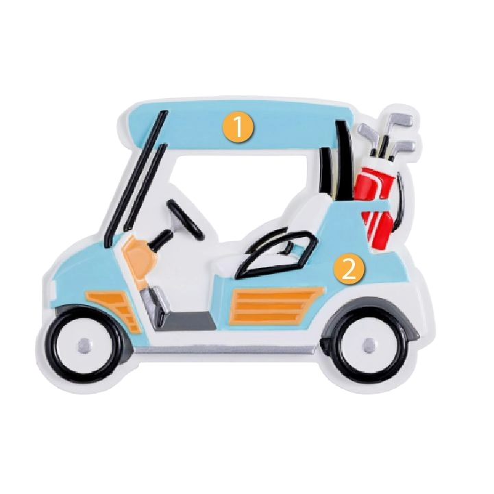 Blue golf cart ornament with golf clubs in red bag, festive decoration for Christmas tree under $50
