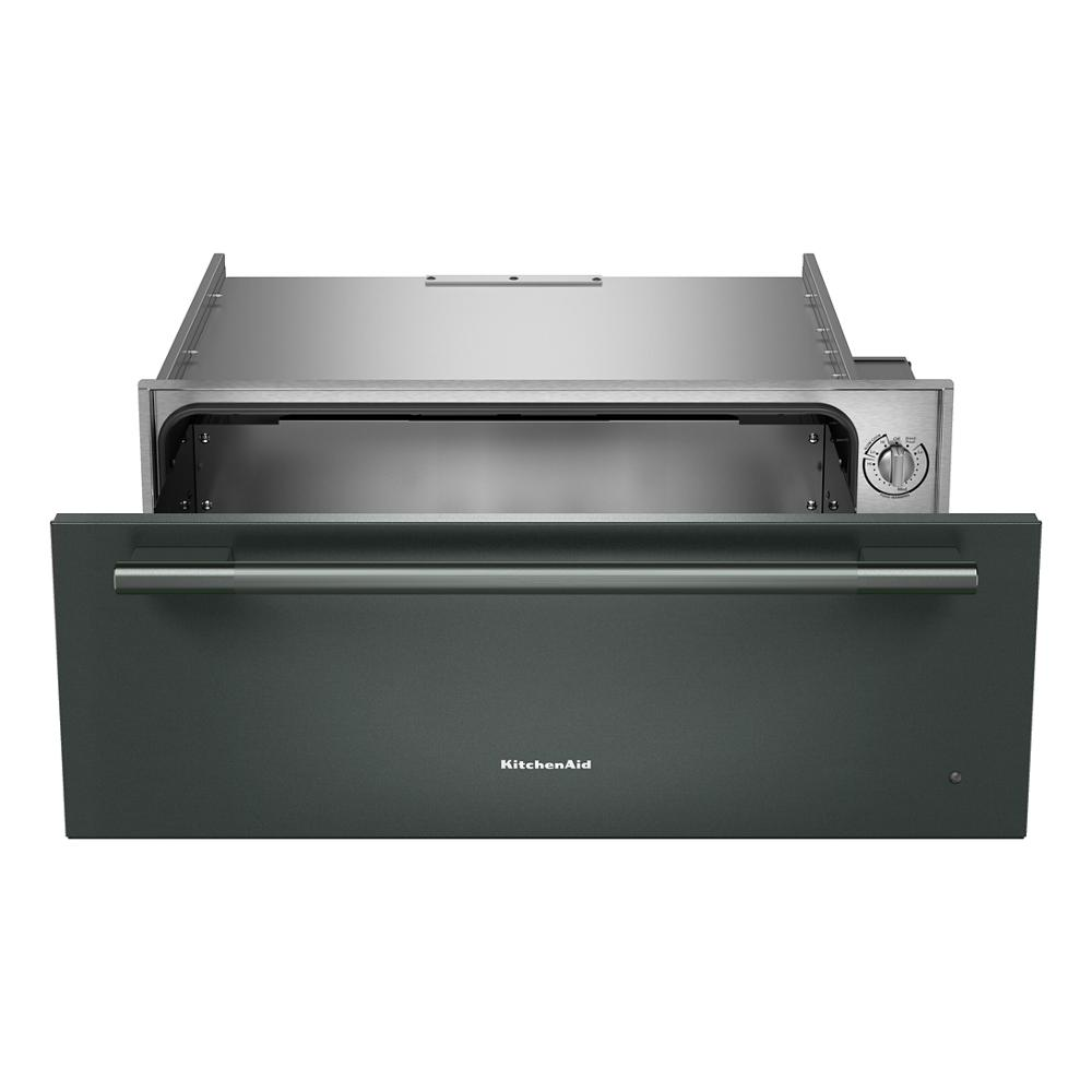 Matte black warming drawer with stainless steel handle and control knob for KitchenAid appliance collection.