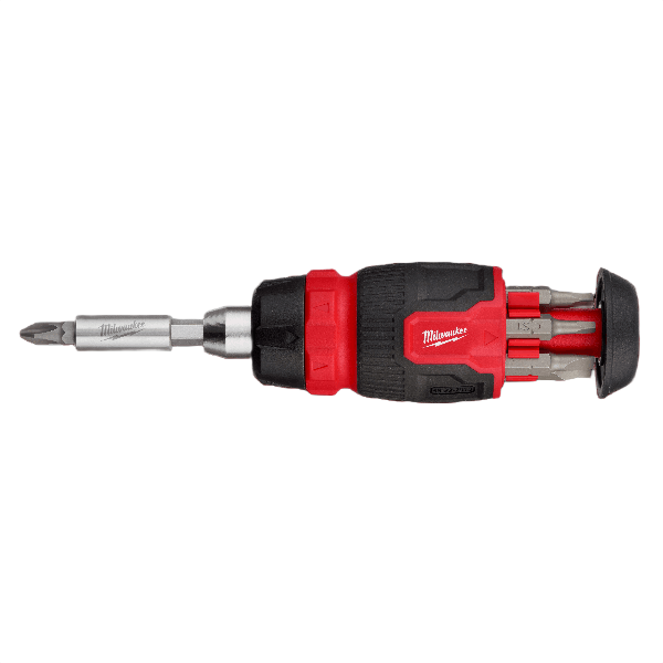 Compact red and black ratcheting multi-bit screwdriver with integrated bit storage for versatile home improvement tasks