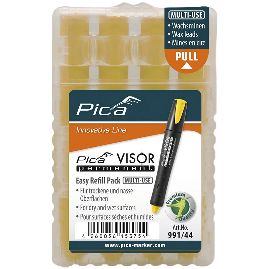 Yellow refill wax leads in clear plastic case for Pica Visor marker, suitable for woodworking and measuring tools collections