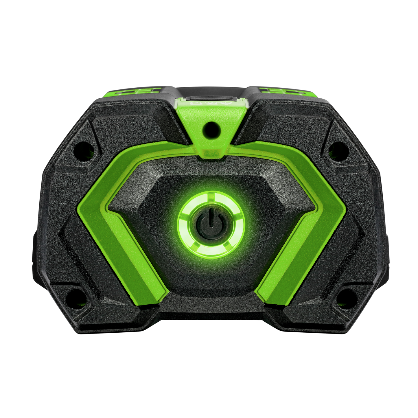 Front view of green and black rechargeable battery with illuminated power button for tools and home improvement tasks