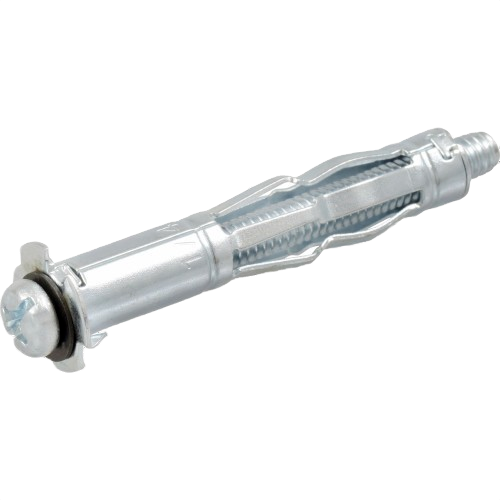 Steel hollow wall anchor with expanding legs, designed for secure fixtures in drywall and plaster, under hardware fasteners collections