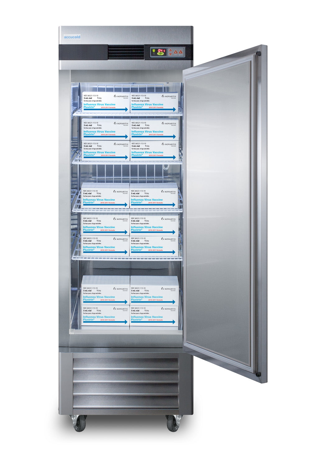 Open stainless steel upright pharmacy refrigerator with shelves stocked with vaccine boxes in appliances collection