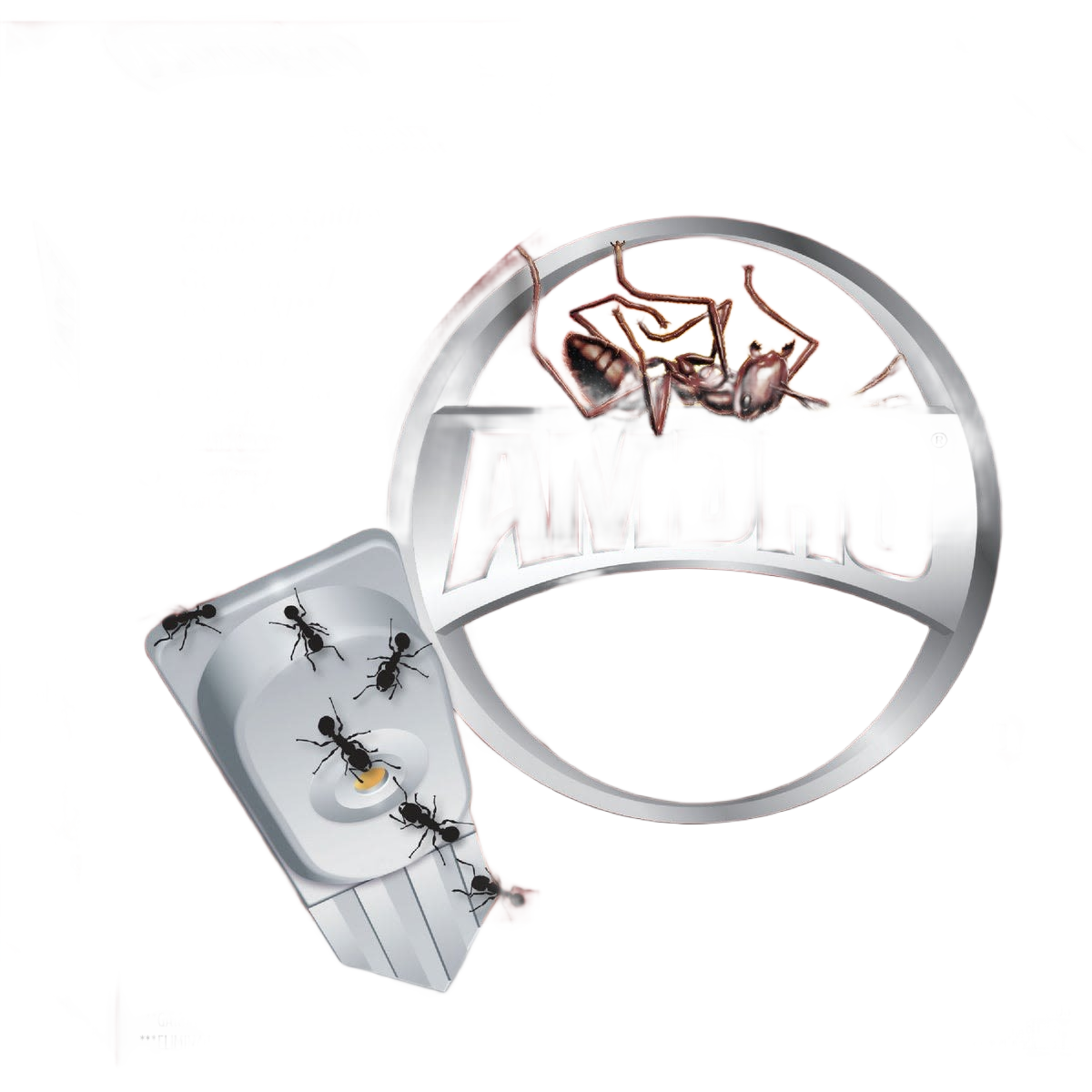 Amdro ant bait stake package with ants feeding on white solid bait for insect and pest control in lawn and garden collections