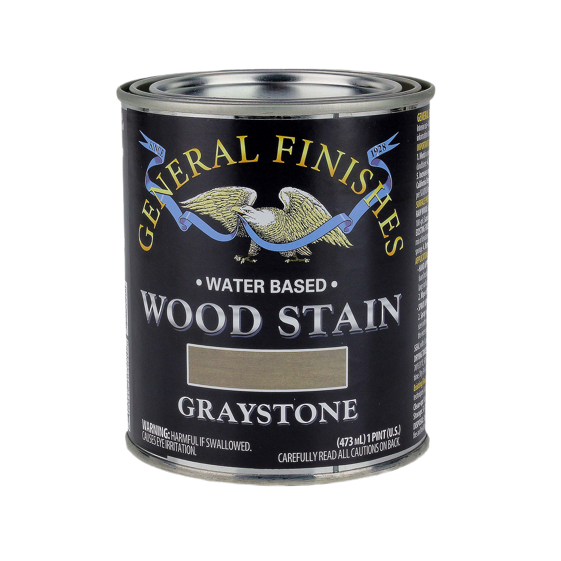 Quart can of General Finishes Graystone water based wood stain for interior stains and wood finishing projects
