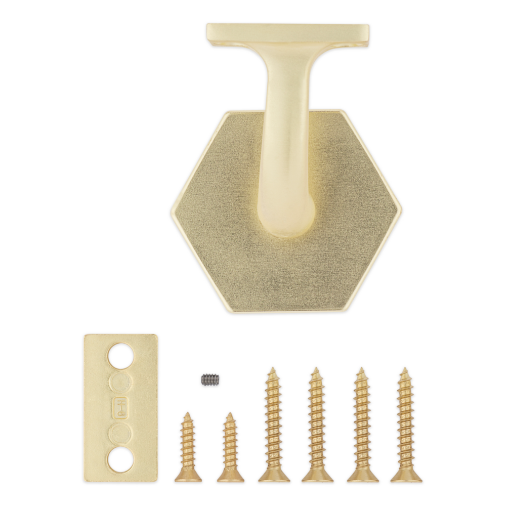 Brushed gold hexagonal handrail bracket with mounting plate and screws in shelving brackets and home improvement collections under $50