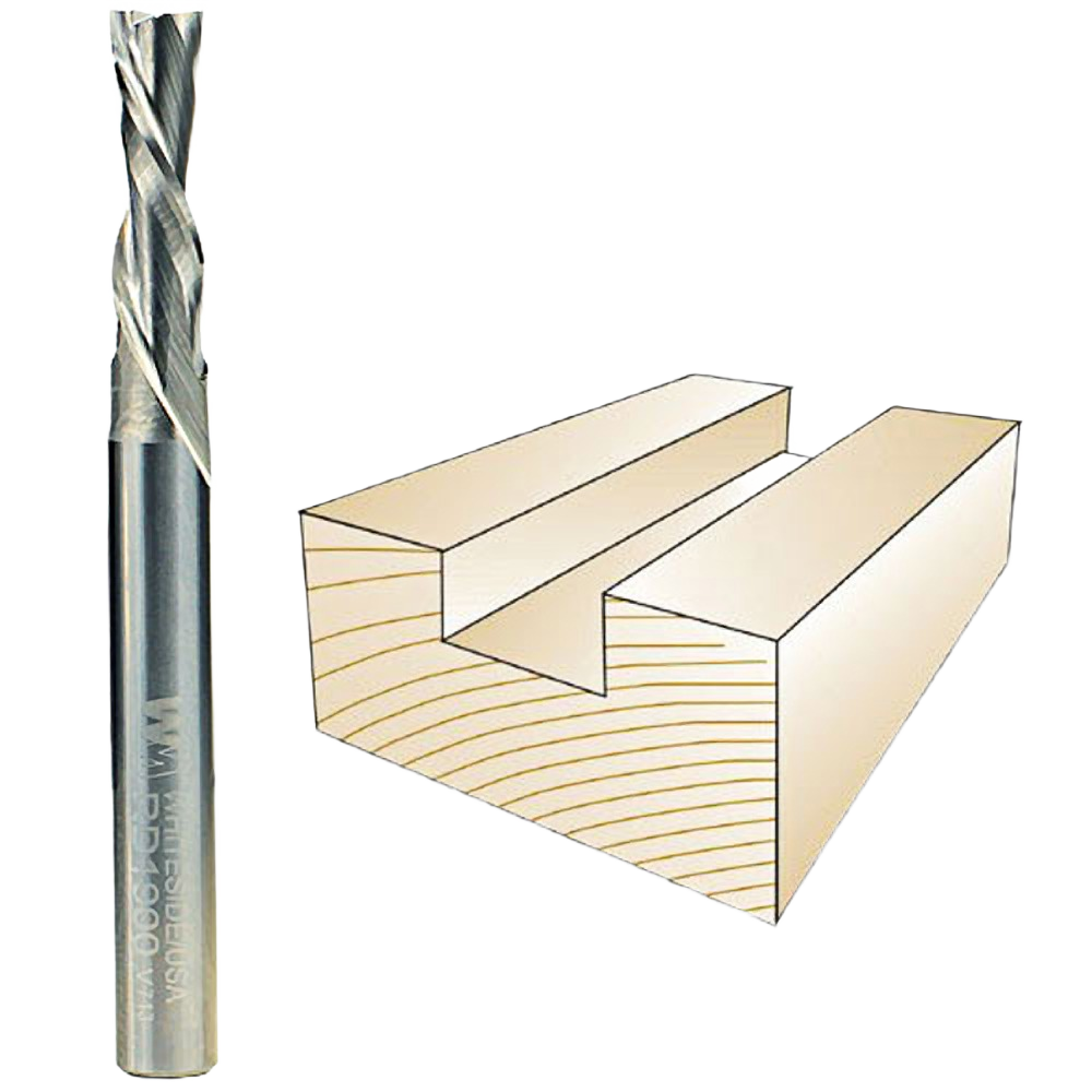 Whiteside downcut spiral bit next to a wood groove sample for woodworking in tool accessories and drill bits collections