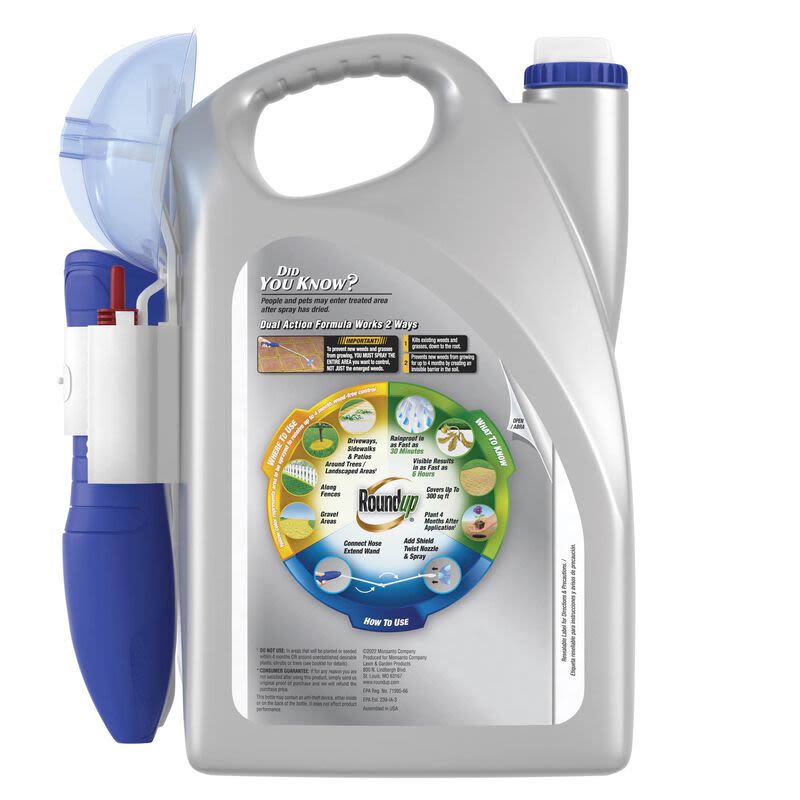 1-gallon container of Roundup weed and grass killer with attached blue Sure Shot Wand for garden use