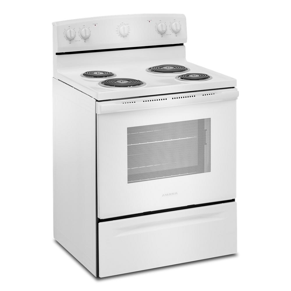 White electric coil range featuring four burners, control knobs, and an extra-large oven window, ideal for ranges, appliances, and home improvement collections.