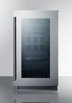 18" wide built-in beverage center with stainless steel frame and tinted glass door for kitchen and bar use