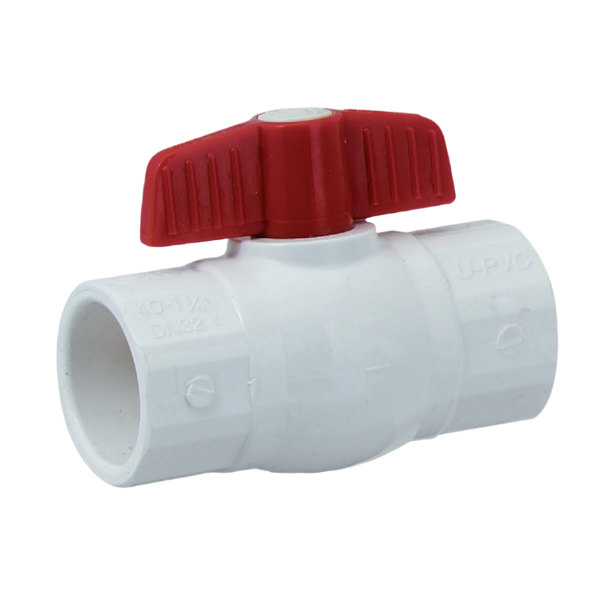 White PVC quarter turn ball valve with red butterfly handle for plumbing and home improvement projects under $50