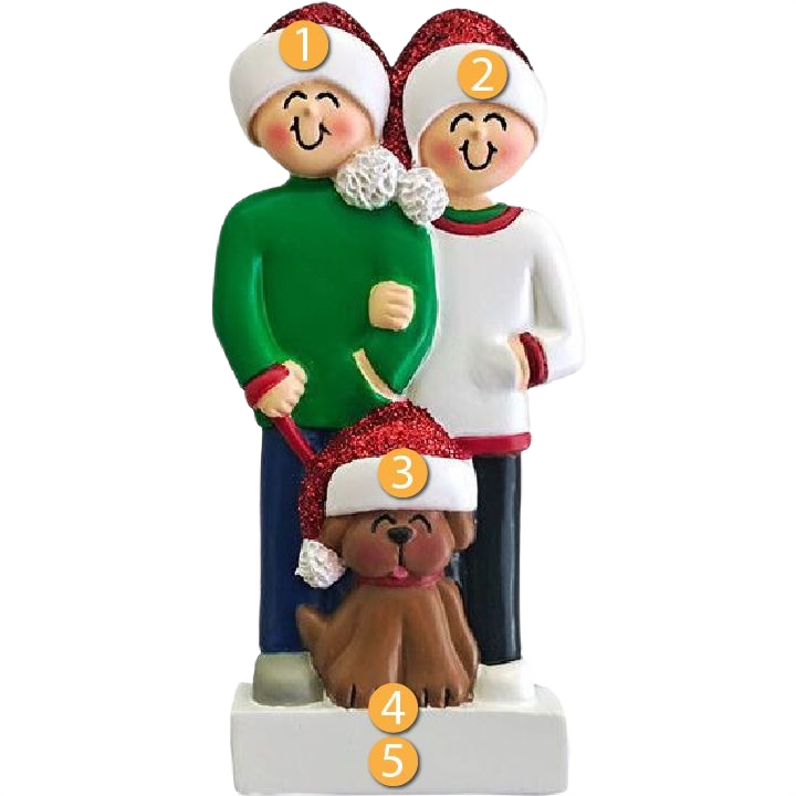 Personalized couple figurine with brown dog wearing Santa hats, festive Christmas ornament under 50 dollars