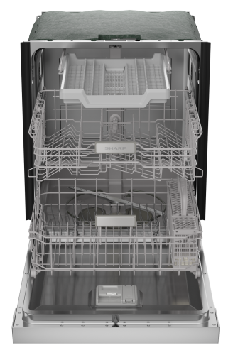 Open stainless steel dishwasher with upper and lower racks plus a third rack for utensils from dishwashers collection