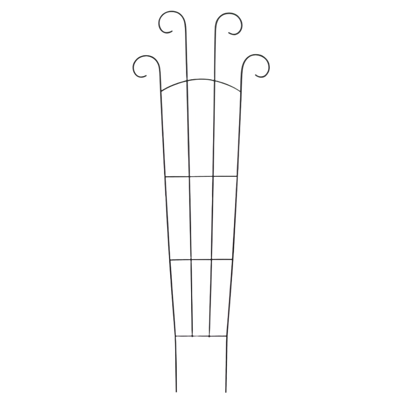 Black metal trellis with decorative scrollwork for garden support and outdoor home improvement projects