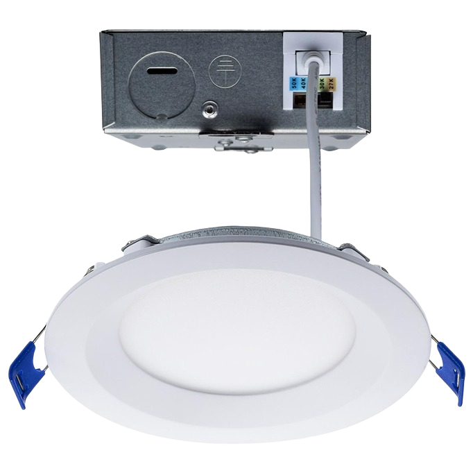 White round LED recessed downlight with low-profile design and metal mounting box for home improvement lighting.