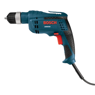 Blue and black Bosch corded drill with red trigger and keyless chuck, part of Power Tools, Woodworking Tools, and Rental Equipment at Hartville Hardware.