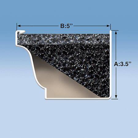 Cross-section of a black textured rigid foam gutter guard showing dimensions with a light blue background for home improvement use