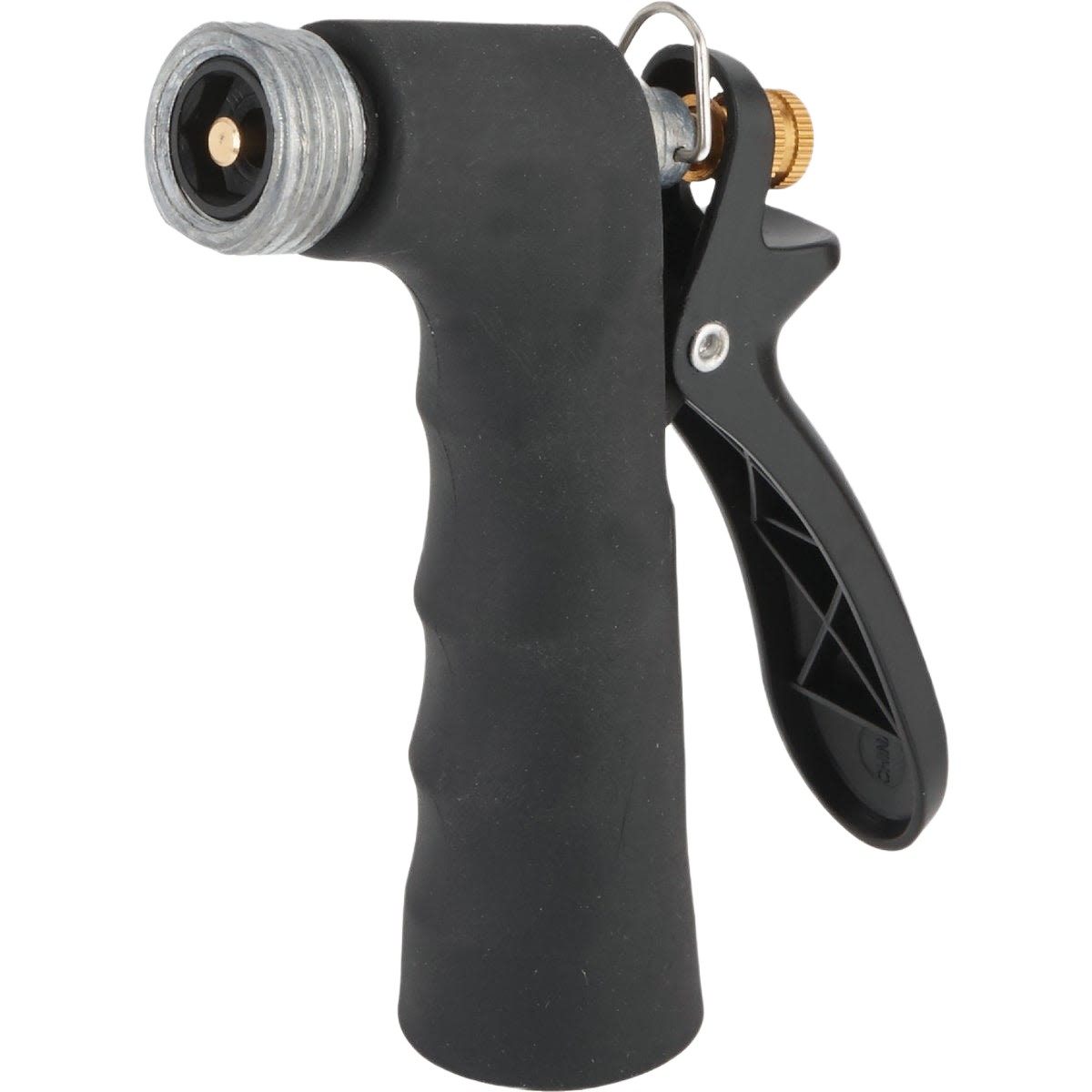 Black metal garden hose pistol nozzle with threaded front and ergonomic trigger for tools and home improvement use