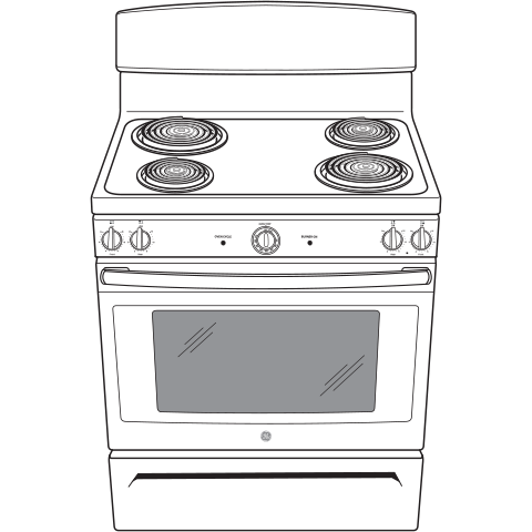 Line drawing of a four-burner electric range with control knobs and oven window, part of kitchen appliances collection.