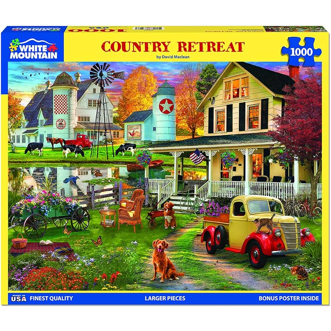 Colorful rural scene puzzle with vintage truck, farmhouse, animals, and vibrant fall foliage in country setting