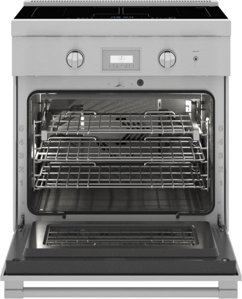 Stainless steel induction range with open oven door, multiple racks, digital display, and dual control knobs in kitchen appliances collection