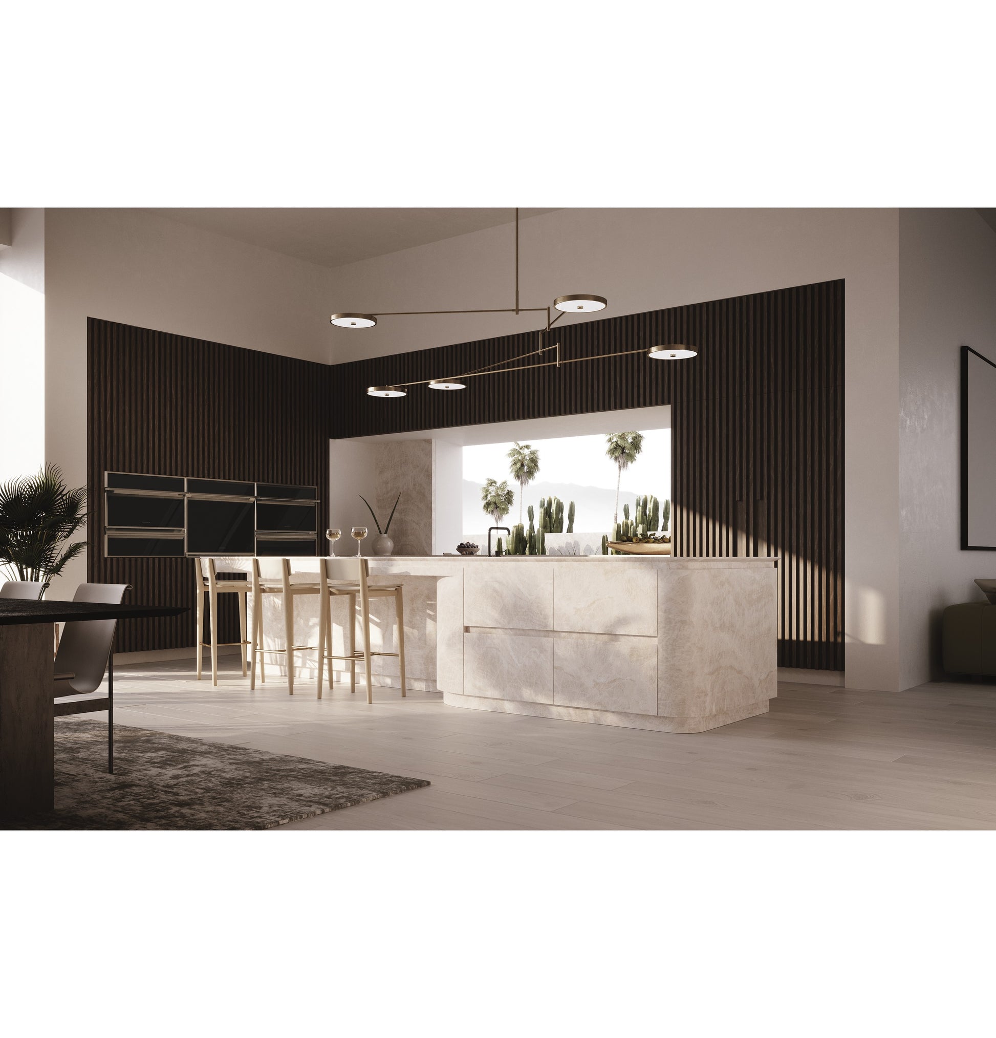 Minimalist kitchen with marble island and built-in Monogram 30" wall ovens in modern appliances setting