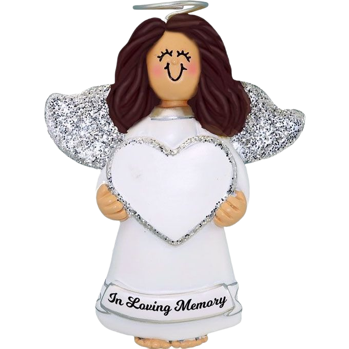 Brunette memorial angel ornament holding white heart with glittery wings for Christmas tree under $50 collection