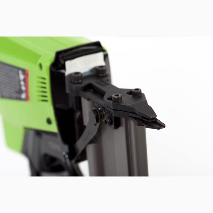 Close-up view of green cordless brad nailer tip designed for accurate fastening in home improvement projects