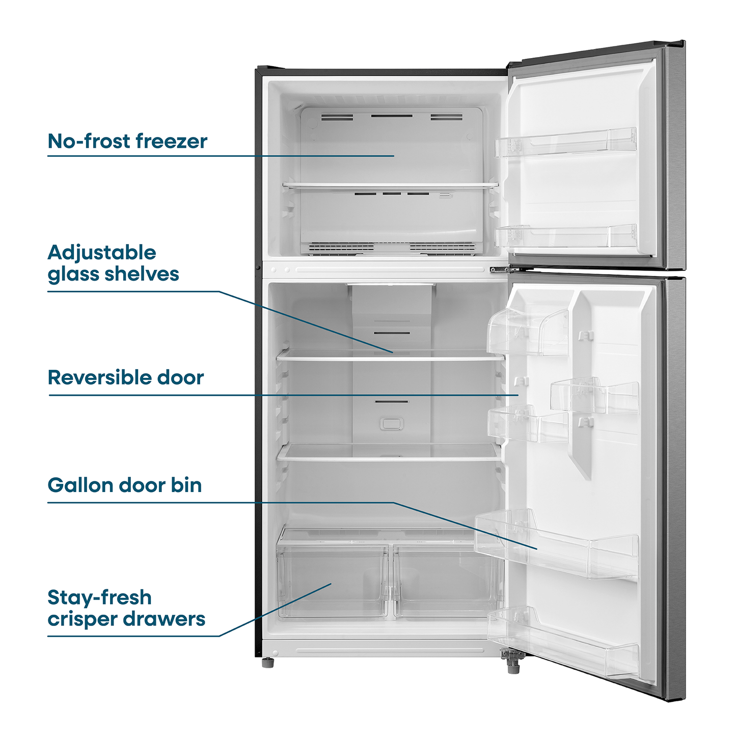 Top freezer refrigerator in stainless steel showing adjustable glass shelves, gallon door bin, and crisper drawers for kitchens and appliances collections