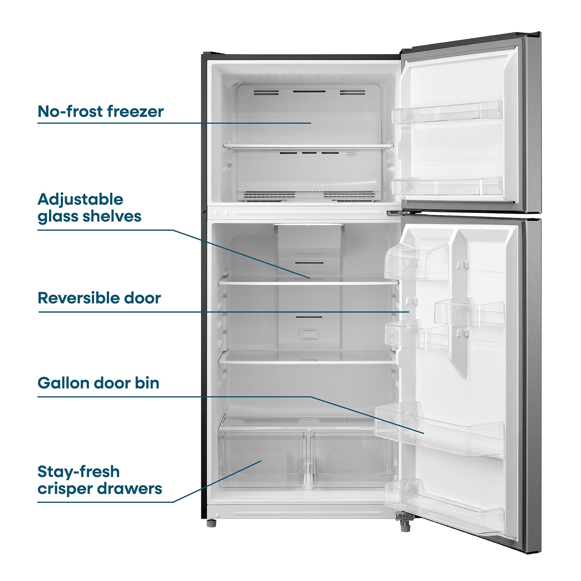 Top freezer refrigerator in stainless steel showing adjustable glass shelves, gallon door bin, and crisper drawers for kitchens and appliances collections