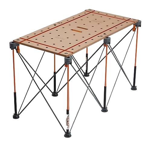 Portable foldable workbench with perforated centipede-style top and adjustable orange and black support legs for home improvement tasks
