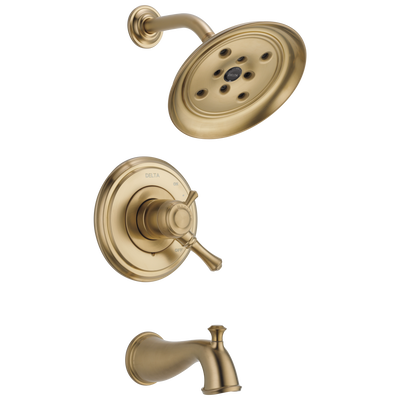 Champagne bronze shower trim set with round showerhead, single-handle control, and tub spout for home improvement