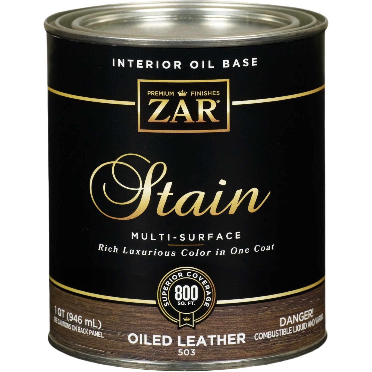 Quart container of ZAR oil base wood stain in oiled leather finish for interior stains and wood finishing projects