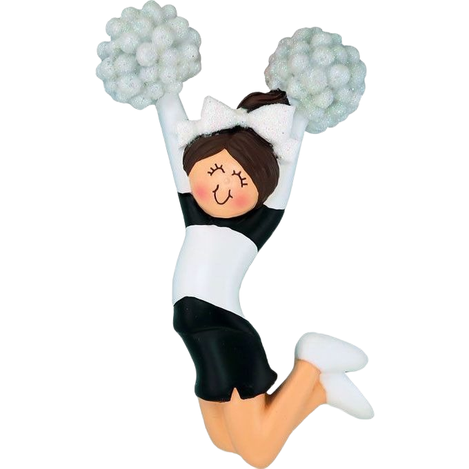 Brunette cheerleader ornament in black and white uniform with pom-poms from Christmas Ornaments & Tree Decorations collection