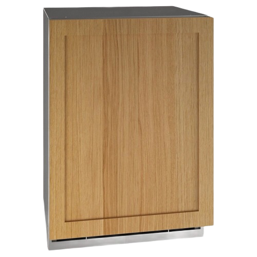 Built-in wine refrigerator with wood panel door and stainless steel base in kitchen appliances collection