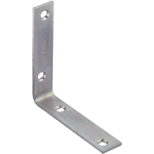 Zinc-finished metal corner brace with pre-drilled holes for reinforcing right-angle joints in home improvement projects