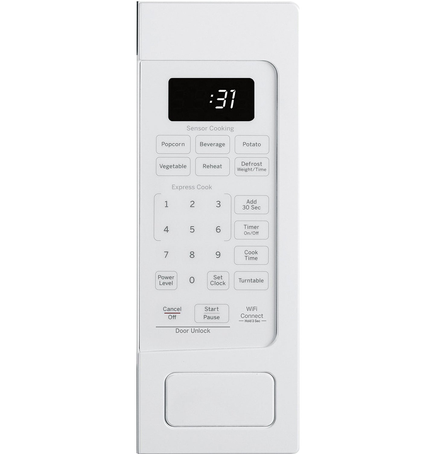 Close-up of white countertop microwave control panel with digital timer and cooking function buttons in appliances collection