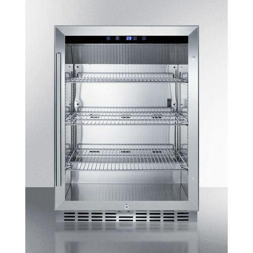 Stainless steel outdoor beverage cooler with glass door and digital display in kitchen and appliance settings