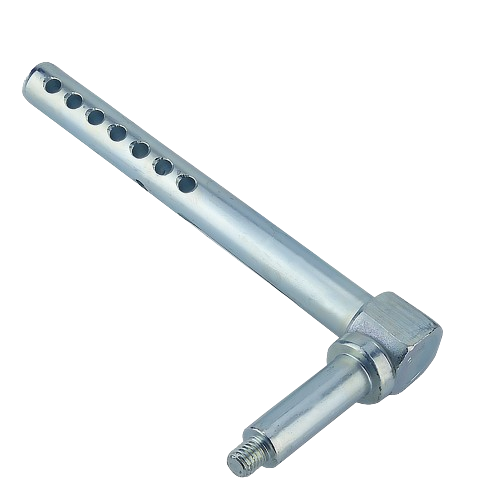 Metal gauge wheel arm with multiple adjustment holes and threaded bolt end for lawn mower deck repair and home improvement