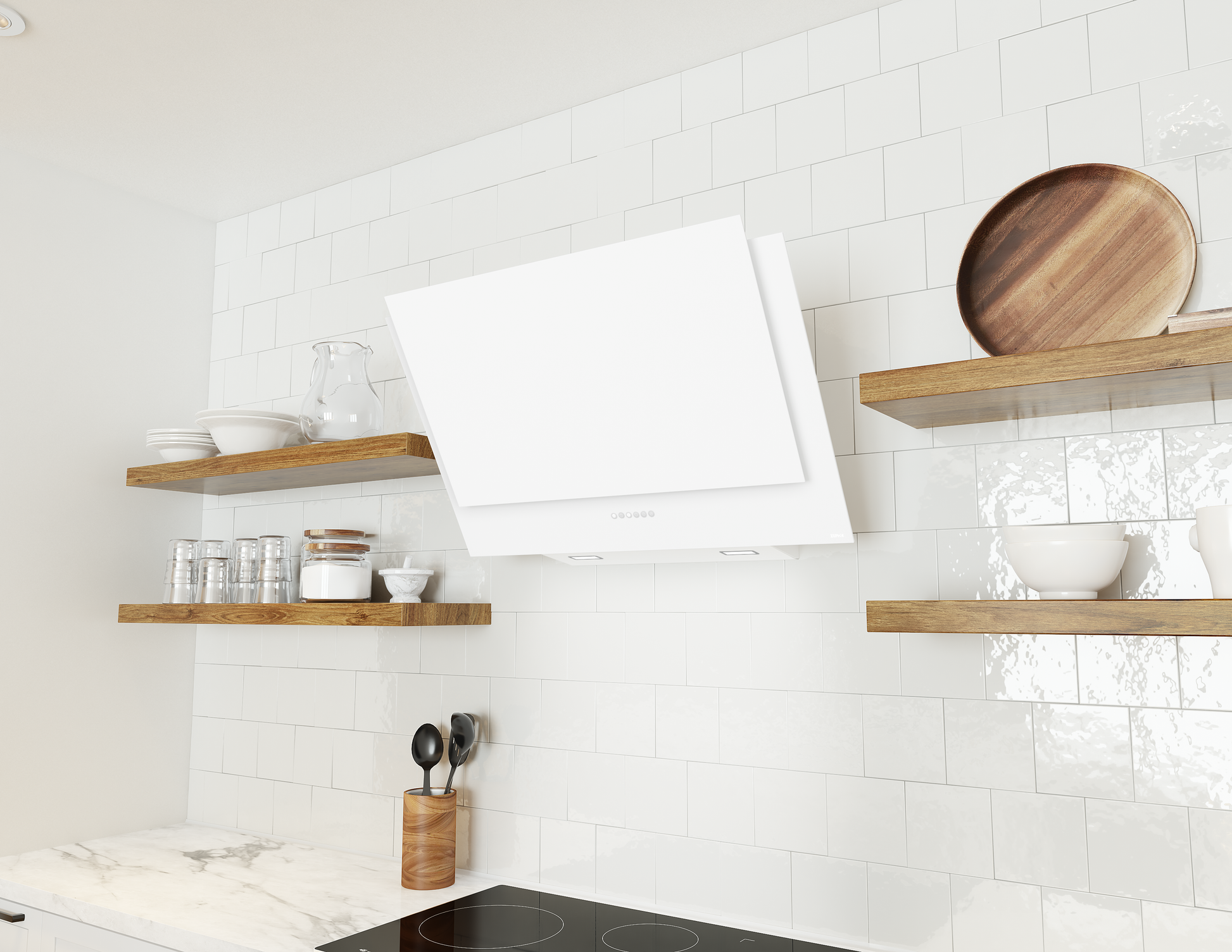 White angled wall mount range hood with capacitive touch controls above electric cooktop in modern kitchen setting