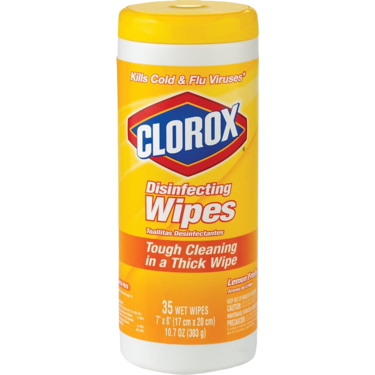 Yellow and white container of Clorox disinfecting wipes for cleaning and disinfecting household surfaces