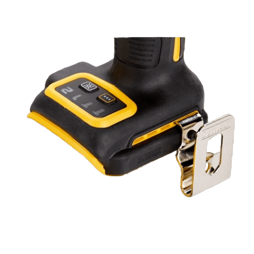 Close-up of compact black and yellow cordless impact wrench handle with metal belt hook for tools and home improvement tasks