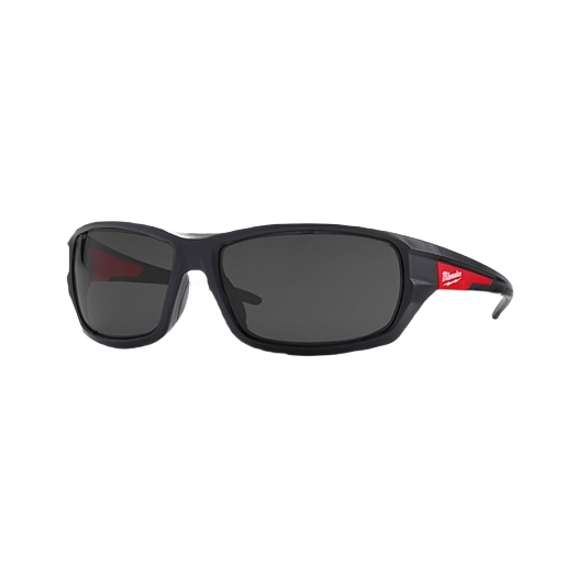 Performance safety glasses with tinted lenses and black frame featuring red accent for tools and home improvement tasks