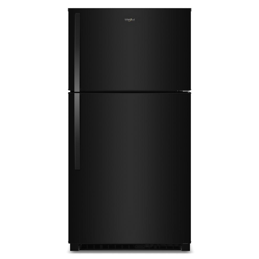 Matte black top freezer refrigerator with vertical handles and Whirlpool logo, part of Refrigerators, Top Freezer Refrigerators, Kitchen & Kitchenware, All Products, Appliances collections.