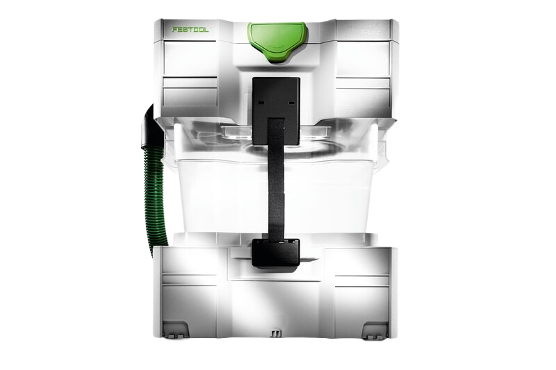 Compact Festool cyclone separator with clear debris container and green locking handle for dust management and woodworking tools collections